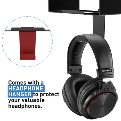 FSNIWEKO Under Desk Mount for Focusrite Scarlett Solo 3rd Gen/Solo 4th Gen with Headphone Hanger Stand,Under Desk Metal Shelf Organizer for Audio Interfaces and Studio Gear (Black Holder Only)