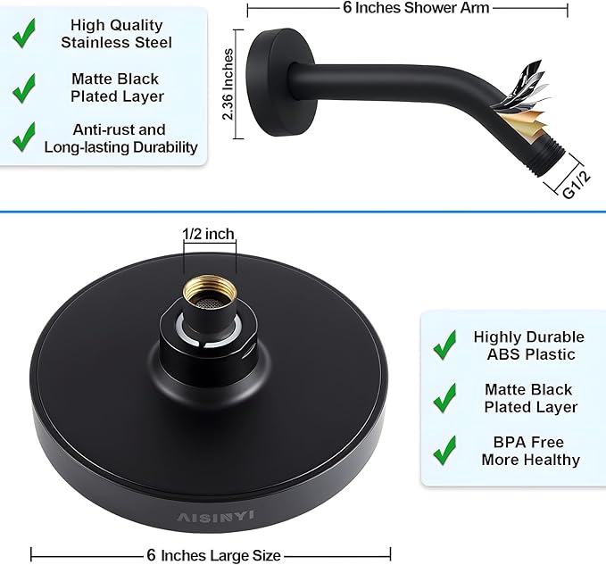 High Pressure Rainfall Shower Head, 6 Inches Showerhead with Perfect Adjustable Replacement, Removable Restrictor, Easy Installation for Your Bathroom Shower Heads (Matte Black + Shower Arm)