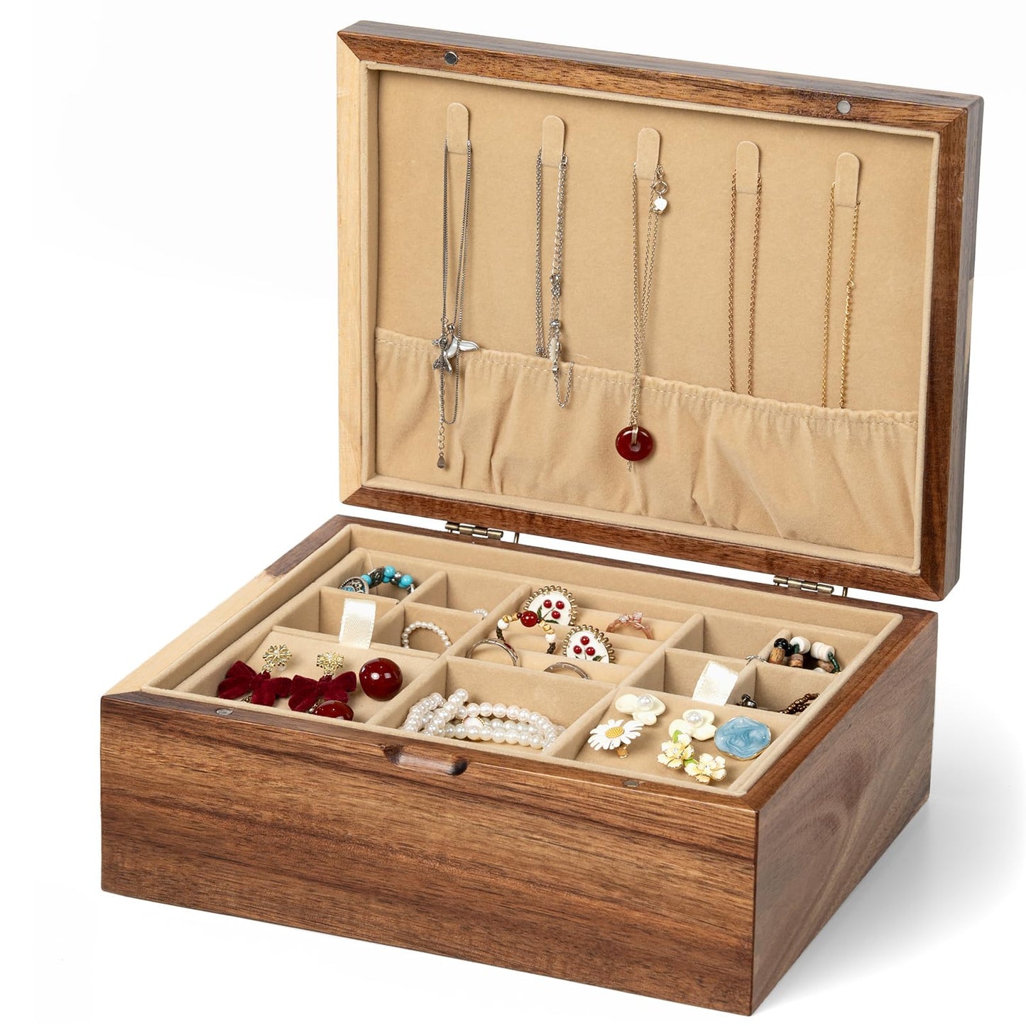 Danfoxer Acacia Wood Jewelry Box Organizers, Wooden Jewellery Organizer with Hinged Lids and Removable Jewelry Tray for Necklace Earring Rings and Bracelet