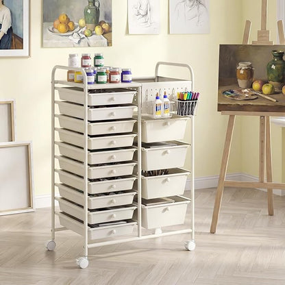 GOFLAME 14-Drawer Rolling Storage Cart with Pegboard, Craft Storage Cart with Lockable Wheels and Metal Frame, Multifunctional Art Cart Supply Storage Organizer for Home Office Classroom, White