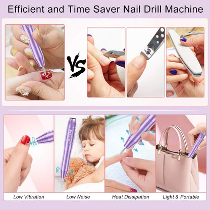 Electric Nail Drill,USB Electric Nail Drill Machine for Acrylic Nail Kit,Portable Electric Nail File Polishing Tool Manicure Pedicure Kit Efile Nail Supplies for Home Salon,Pink