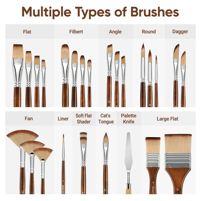 Zimuvora 25pcs Paint Brush Set, Professional Paint Brush Set with Cloth Roll and Paint Spatula, Nylon Brushes for Acrylic Painting,Watercolor,Oil,Gouache, Art Supplies for Beginners and Artists (Wood)