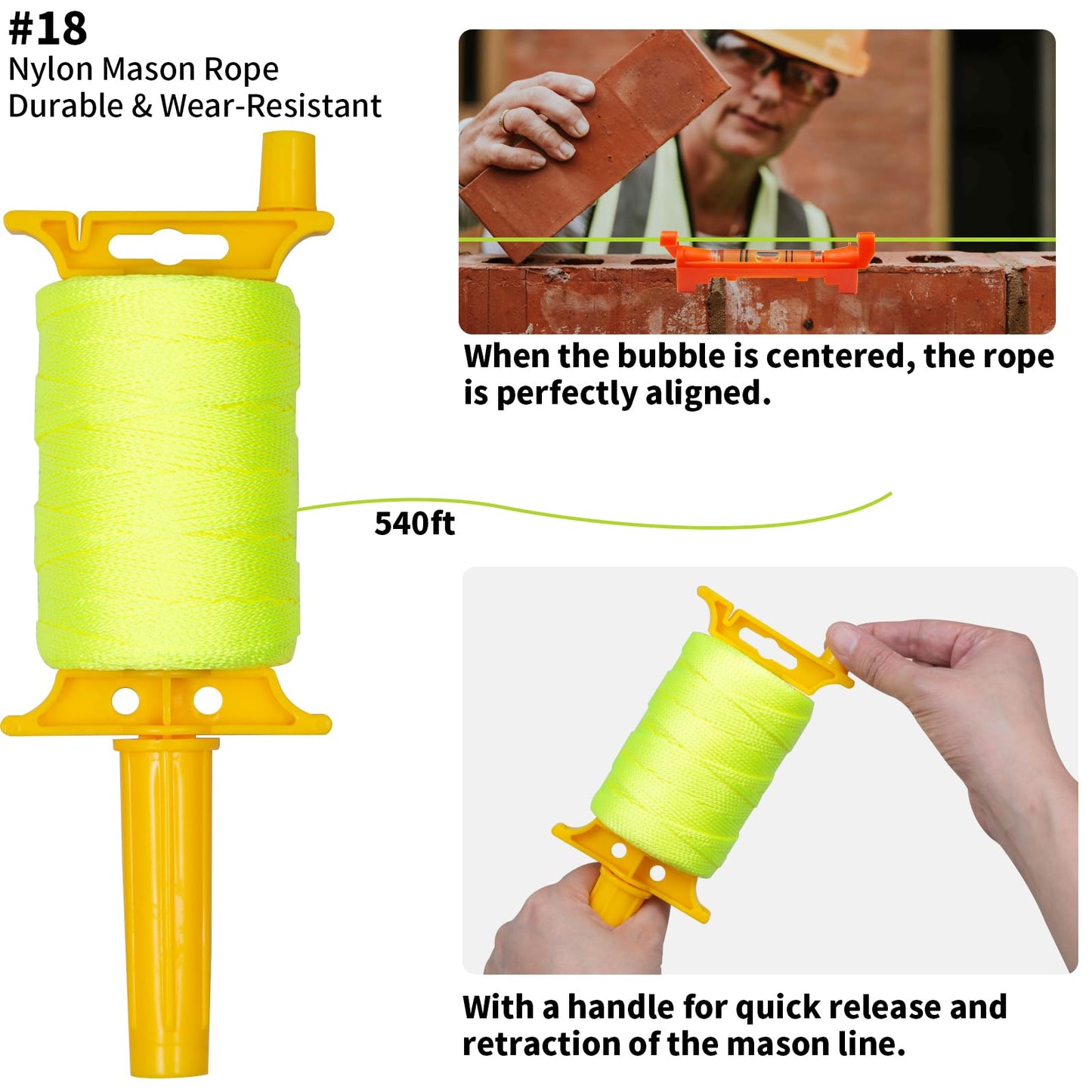 Fluorescent Green Construction String Line Kit: 24 Pcs 12" Wooden Garden Stakes, #18 560ft Mason Line with Handle, 5 String Levels, 2 Pairs Work Gloves | for Outdoor DIY, Landscaping, Yard & Fence