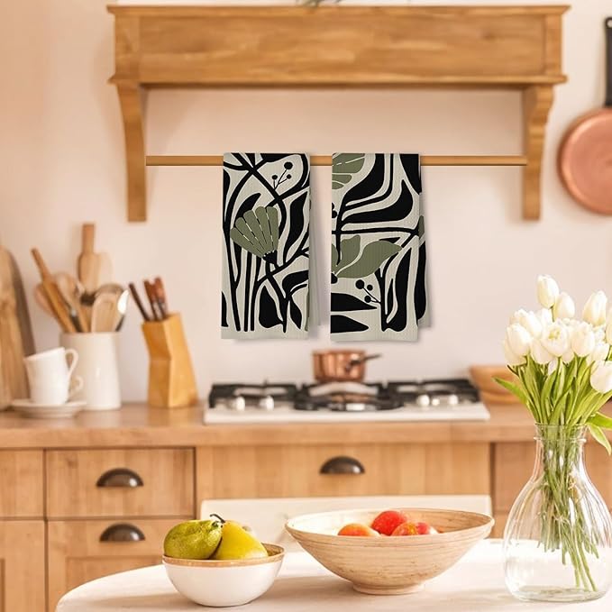 Abstract Dark sage Green and Black Boho Floral Kitchen Towels Set of 2