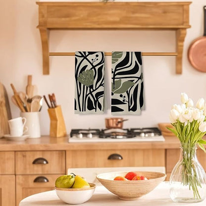 Abstract Dark sage Green and Black Boho Floral Kitchen Towels Set of 2