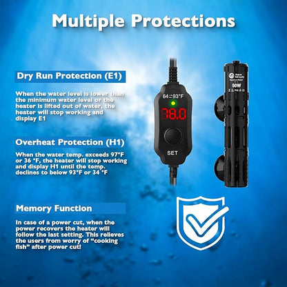 AquaMiracle Submersible Aquarium Heater, 50W Fish Tank Heaters with LED Digital Temp Display, Dry-Run Auto Power-Off & Overheat Protection, for Freshwater and Saltwater Tanks (5-10 Gal)