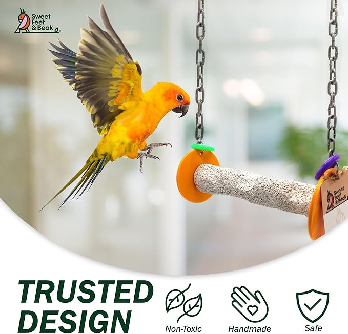 Sweet Feet and Beak Roll Bird Swing - Perch Bird Toys Trims Nails and Beaks, Safe and Non-Toxic Bird Cage Accessories for Small and Large Birds, Swinging Toys Birds Will Love, XL 11 Inches - Orange
