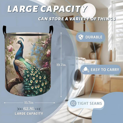 Majestic Peacock Among Blossoming Flowers Laundry Basket
