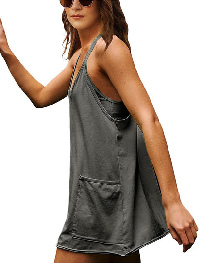 Lentta Womens Athletic Sleeveless Mini Dress with Built-in Shorts V Neck Spaghetti Strap Sundress(Darkgrey-L)