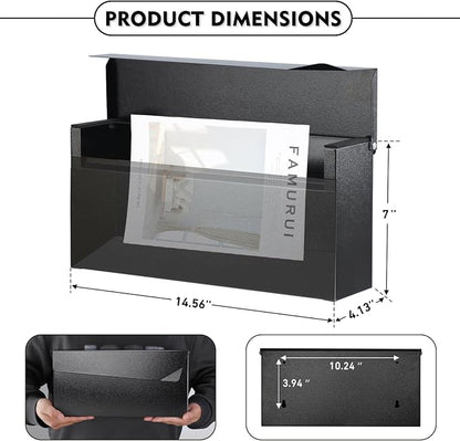 KYODOLED Wall-Mount Mailbox, Large Capacity Mail Box, Mailboxes for Outside, Galvanized Steel Rust-Proof Metal Post Box, 14.56" x7" x4.13" Black