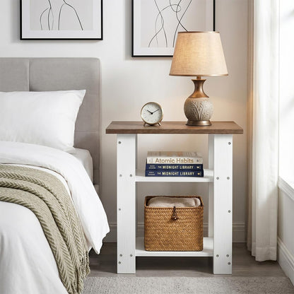 ZEXVIDA White Side Table with Oak Top, 3 Tier Modern Farmhouse End Table, Narrow White Nightstand for Bedroom, Nursery, Living Room, Coastal Small Bedside Table with Storage Shelves, 22.8" H