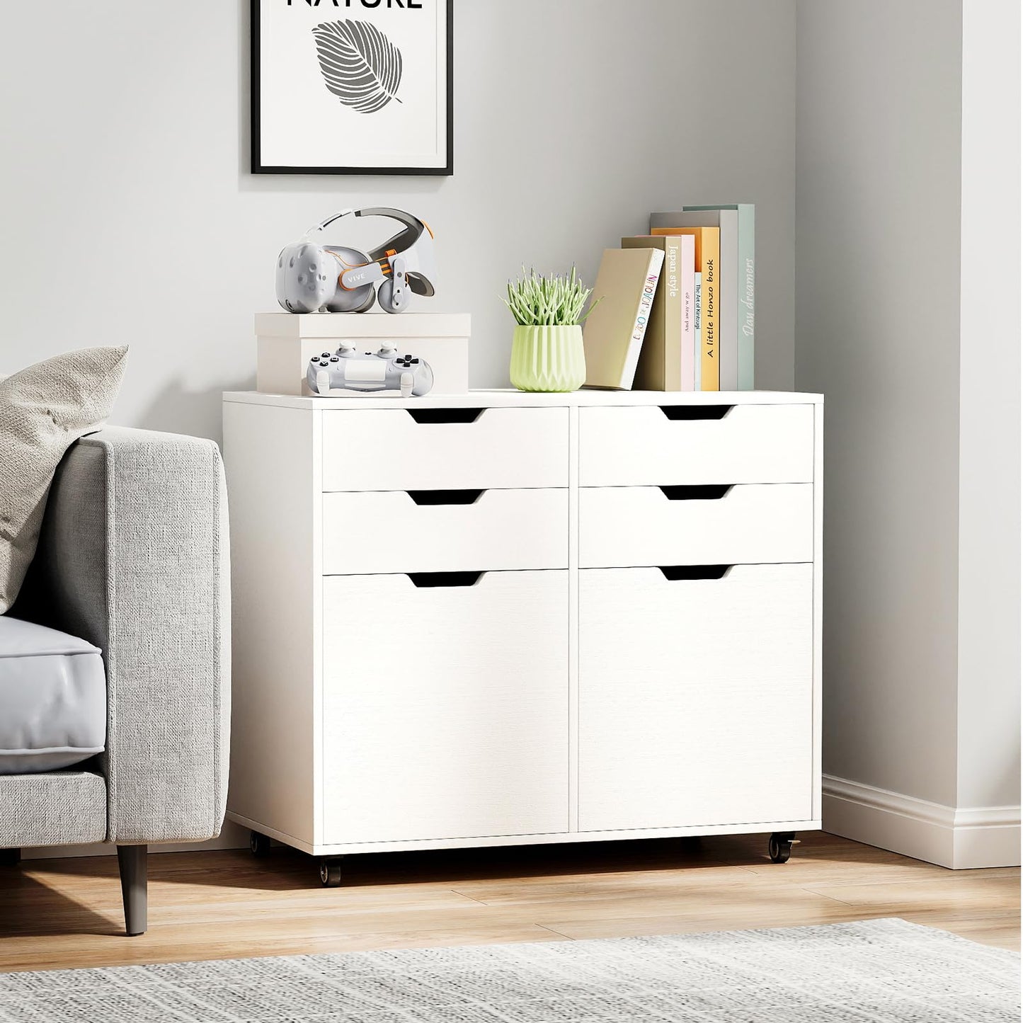 Giantex 4-Drawer File Cabinet, Rolling Printer Stand with 2 Lockable Wheels, Wooden Lateral Filing Cabinet, Load 298 Lbs, Under Desk Craft Storage Organizer for Home Office Organization (White)