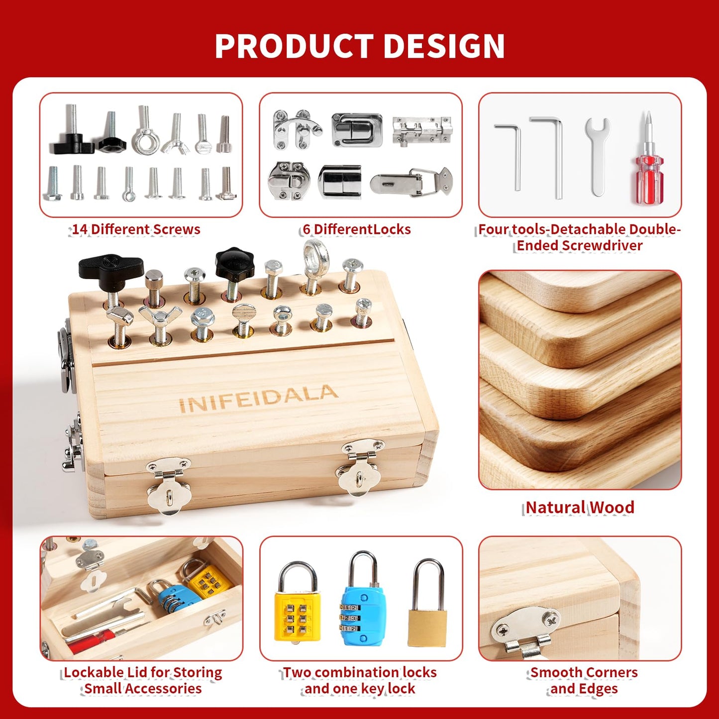 INIFEIDALA Montessori Busy Board for Toddlers 3-5,Wooden Sensory Toy with Locks,Latches & Screwdriver Set, Fine Motor Skills Learning Toy for Travel,Quiet Play & Preschool Activities