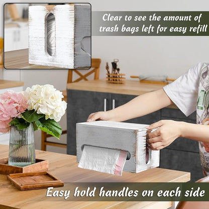 DRASTAR Trash Bag Dispenser, Wall Mount Wooden Trash Organizer , Countertop Trash Bag Roll Holder for 4-8 gallon , Retro White Kitchen Laundry Room Organization