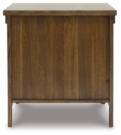 Signature Design by Ashley Moriville Rustic Farmhouse Rectangular End Table with Dual Cabinet Doors, Antique Bronze-Tone Hardware, Wood, 25" High, Brown