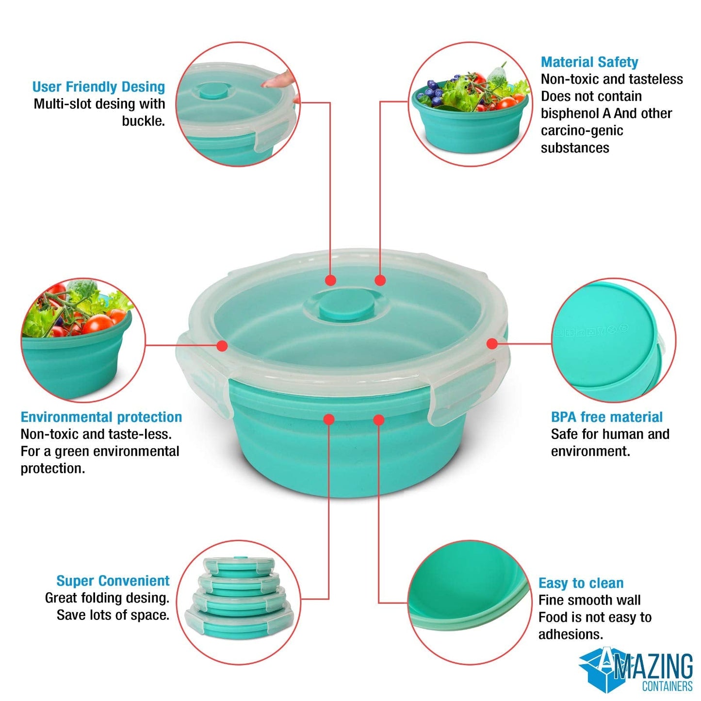 Collapsible Bowls for Camping, Set of 4 Silicone Food Storage Containers with Lids, Rv storage and organization, Rv Kitchen Accessories, BPA Free, Microwavable, Freezer, Dishwasher Safe