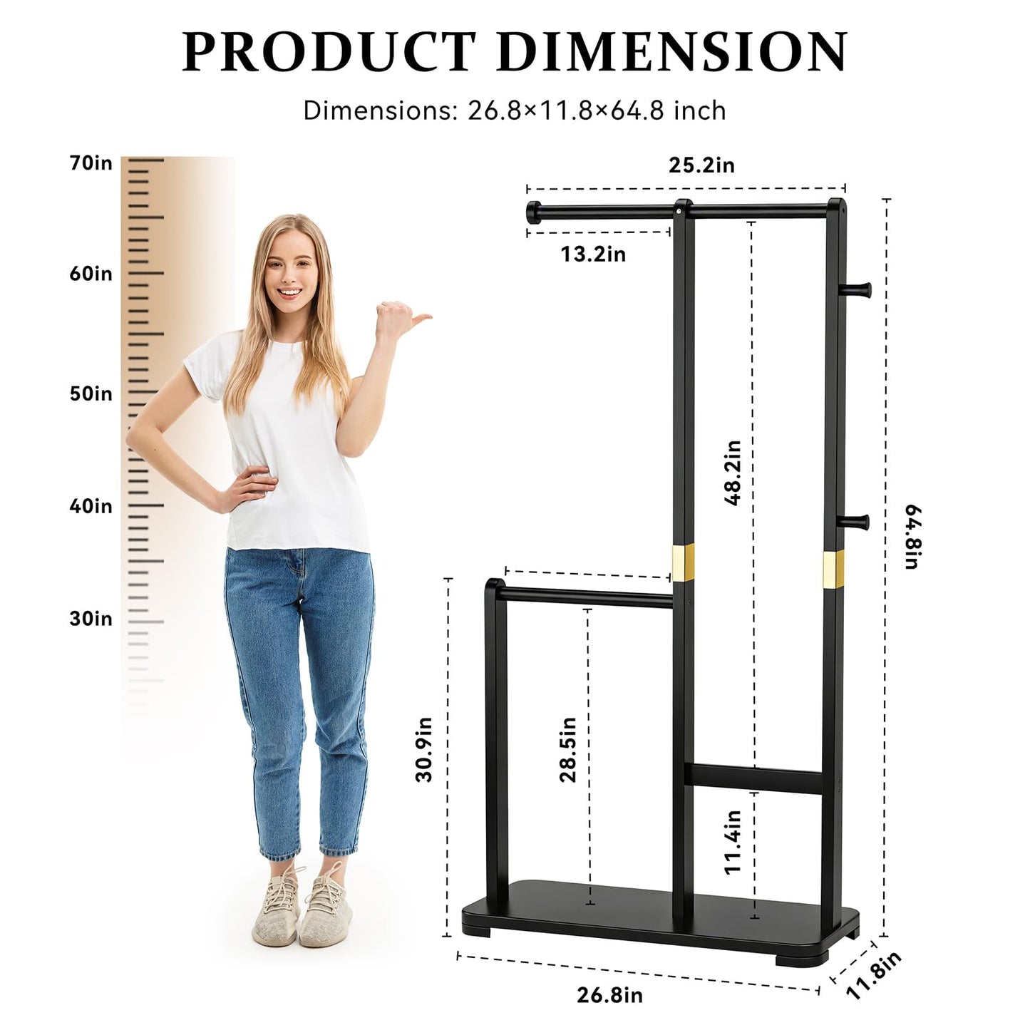 Wamhom Solid Wood Coat Rack, Freestanding Standing Clothes Rack with Double Hanging Rods for Coats, Jackets, Wooden Coat Tree Garment Rack for Bedroom Entryway Hallway, Space Saving Small Coat Rack