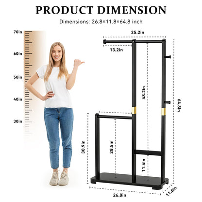 Wamhom Solid Wood Coat Rack, Freestanding Standing Clothes Rack with Double Hanging Rods for Coats, Jackets, Wooden Coat Tree Garment Rack for Bedroom Entryway Hallway, Space Saving Small Coat Rack