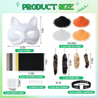 Soulchen 34 Pcs DIY Therian Fox Tail and Mask Kit Blank Cat Masks Craft Set Include Faux Felt Fur Sheet Plastic Eye Mesh Leather Necklace Dentures Star Stickers for Halloween Masquerade Cosplay Party