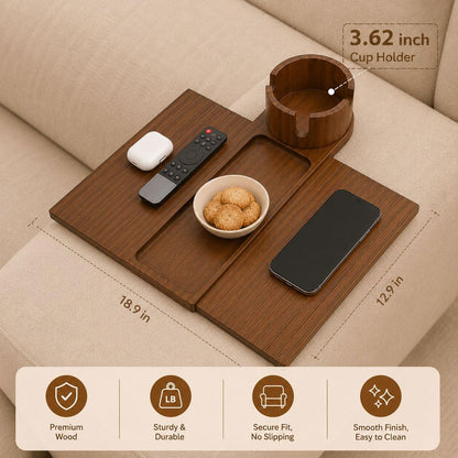 NSS ESSENTIALS Acacia Wood Couch Arm Tray Table with Cup Holder - Flexible Sofa Armrest Tray for Drinks, Snacks & Remote - Natural Wooden Sofa Side Table for Couch, Recliner & Armchair, Natural Wood