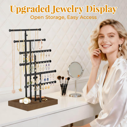 EsLuker.ly Necklace Earring Holder Organizer Display, Adjustable Jewelry Tree Stand with Stable Wooden Storage Base for Women Vendors, 6 Tier Large Bracelet Bangle Rack Tower, Stress-Free Mornings
