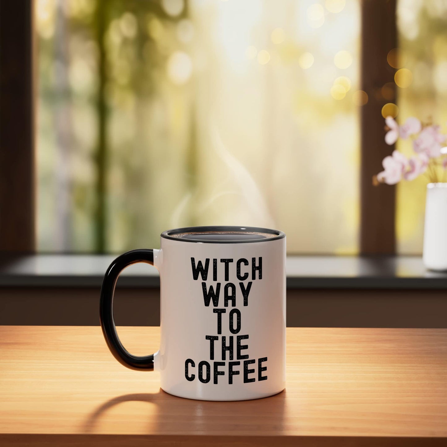 Witch Way To The Coffee Funny Halloween Costume Ceramic Mug, Black/White