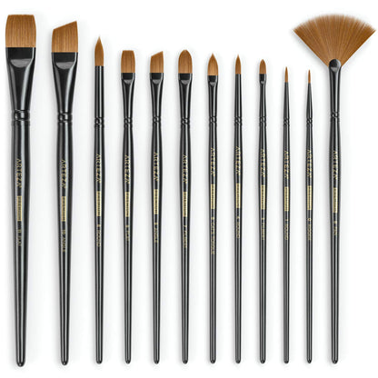 ARTEZA Paint Brushes Set of 12, Acrylic and Oil Paint Brushes with Synthetic Hair, Rust-Resistant Ferrules and Birch Wooden Handles for Canvas, Crafts, Blending, Layering, and Detail Work