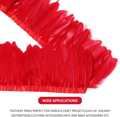 MAOFENG 2 Yards Natural Goose Feathers Trim Sewing Fringe Fashion Dress Sewing 6-8inch for DIY Handicrafts Costumes Decoration,Red