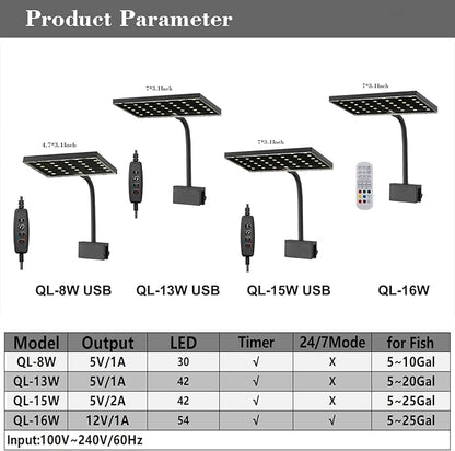 Carefree Fish Aquarium LED Light USB 5V2A RGBW 5730 Timmer 5~25Gal Fish Tank Clip Light 10 Brightness Levels 15W with USB Port (Include UL Certification Power Adapter)