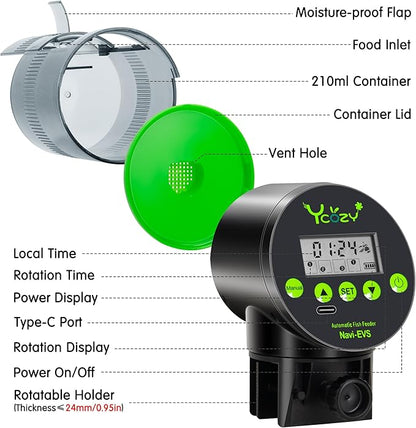 Ycozy Automatic Fish Feeder Rechargeable with USB Cable Moisture-Proof Intelligent Electric Fish/Turtle Feeder for Aquarium & Fish Tank (Rechargeable EVS)