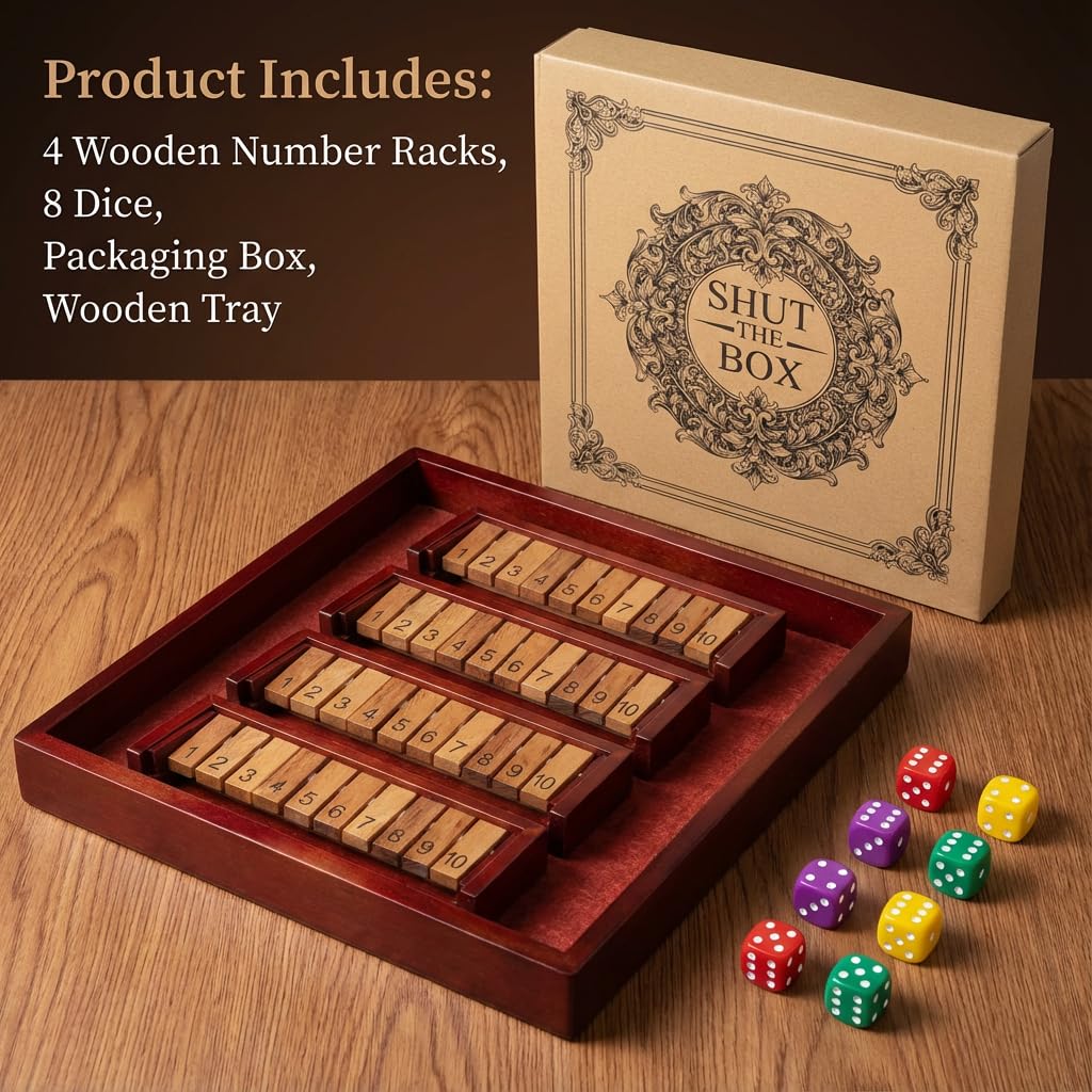 MoodLife Shut The Box Dice Game, Wooden 4 Player Board Game with Dice, Classic Family Tabletop Number Game for Kids Adults, Travel Pub Bar Party Game, Math Learning Gift
