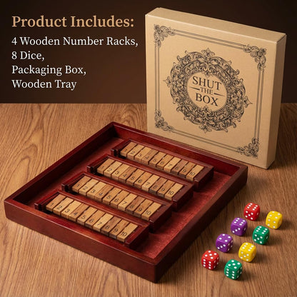MoodLife Shut The Box Dice Game, Wooden 4 Player Board Game with Dice, Classic Family Tabletop Number Game for Kids Adults, Travel Pub Bar Party Game, Math Learning Gift