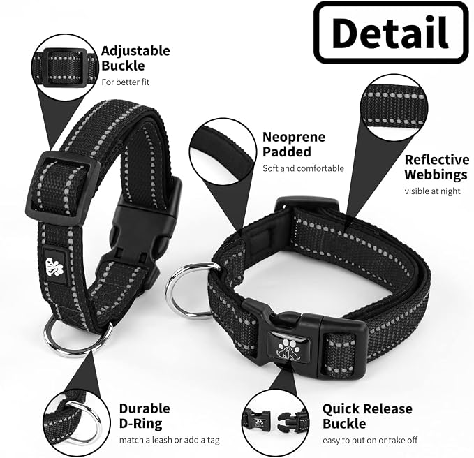 NESTROAD Dog Collar and Leash Set,Reflective Dog Collars with Quick Release Buckle,Adjustable Nylon Pet Collar for Small Medium Large Dogs(Large,Black)