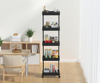 Sooyee 5-Tier Plastic Rolling Utility Cart with Wheels, Multi-Functional Storage Trolley for Office, Living Room, Kitchen, Movable Storage Organizer, Black