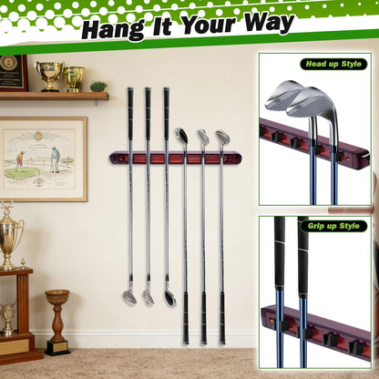 Wall Mounted Golf Club Display Rack, 2 Pack Wooden Golf Putter & Wedge Holder with 6 Secure Clips, Golf Ball Display Shelf, Premium Wall Storage & Organizer for Home, Office, Man Cave, Pro Shop