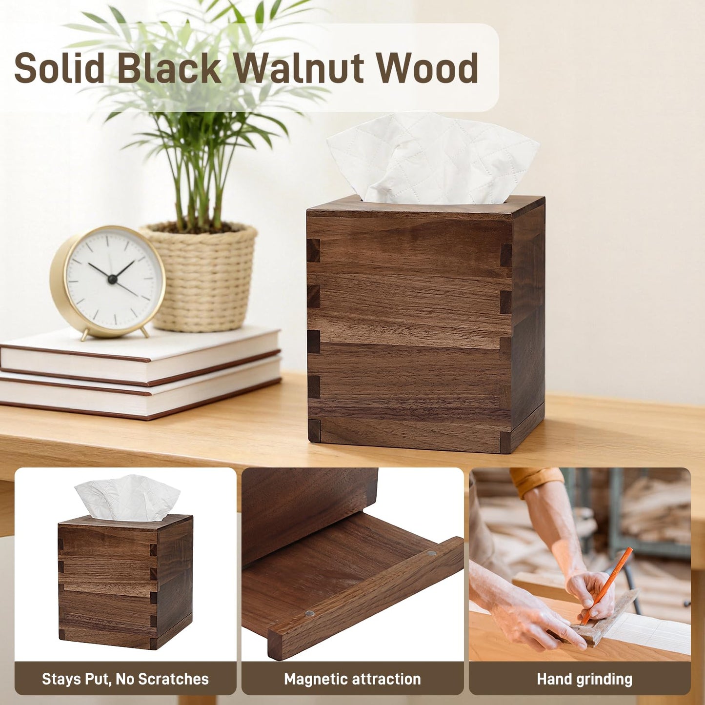 Solid Black Walnut Tissue Box Cover Square – Handcrafted Wood Tissue Holder with Mortise & Tenon Joinery, Fits Standard Cube Tissue Boxes