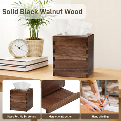 Solid Black Walnut Tissue Box Cover Square – Handcrafted Wood Tissue Holder with Mortise & Tenon Joinery, Fits Standard Cube Tissue Boxes