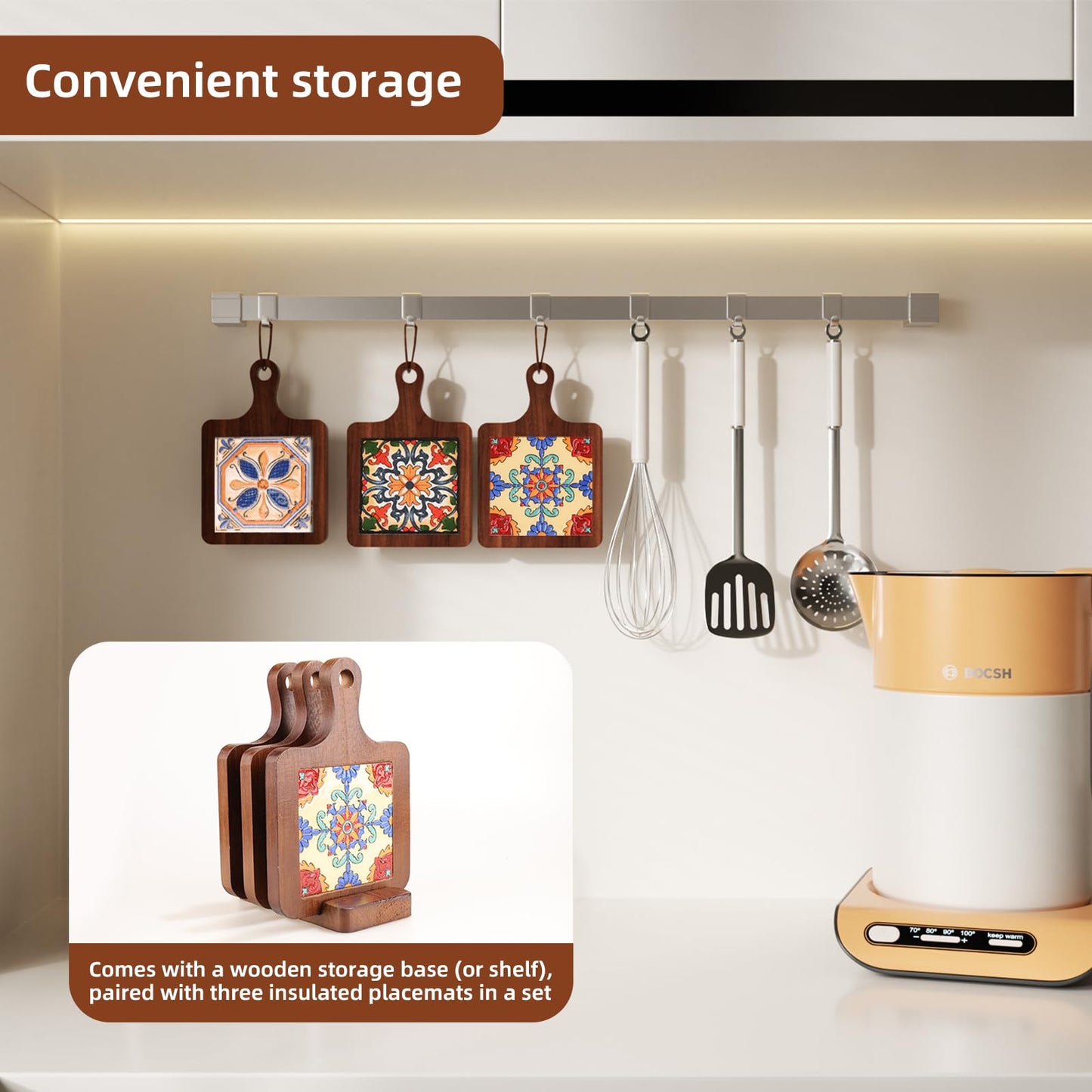 Wooden Trivets for Hot Dishes，3PCS Wooden Coasters with Organising Holder，Base is Also a Cell Phone Holder，Pot Holders for Kitchen，Trivets for Hot Pots and Pans，Hot Pad to Portect Your Countertop
