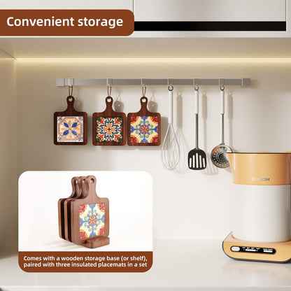 Wooden Trivets for Hot Dishes，3PCS Wooden Coasters with Organising Holder，Base is Also a Cell Phone Holder，Pot Holders for Kitchen，Trivets for Hot Pots and Pans，Hot Pad to Portect Your Countertop