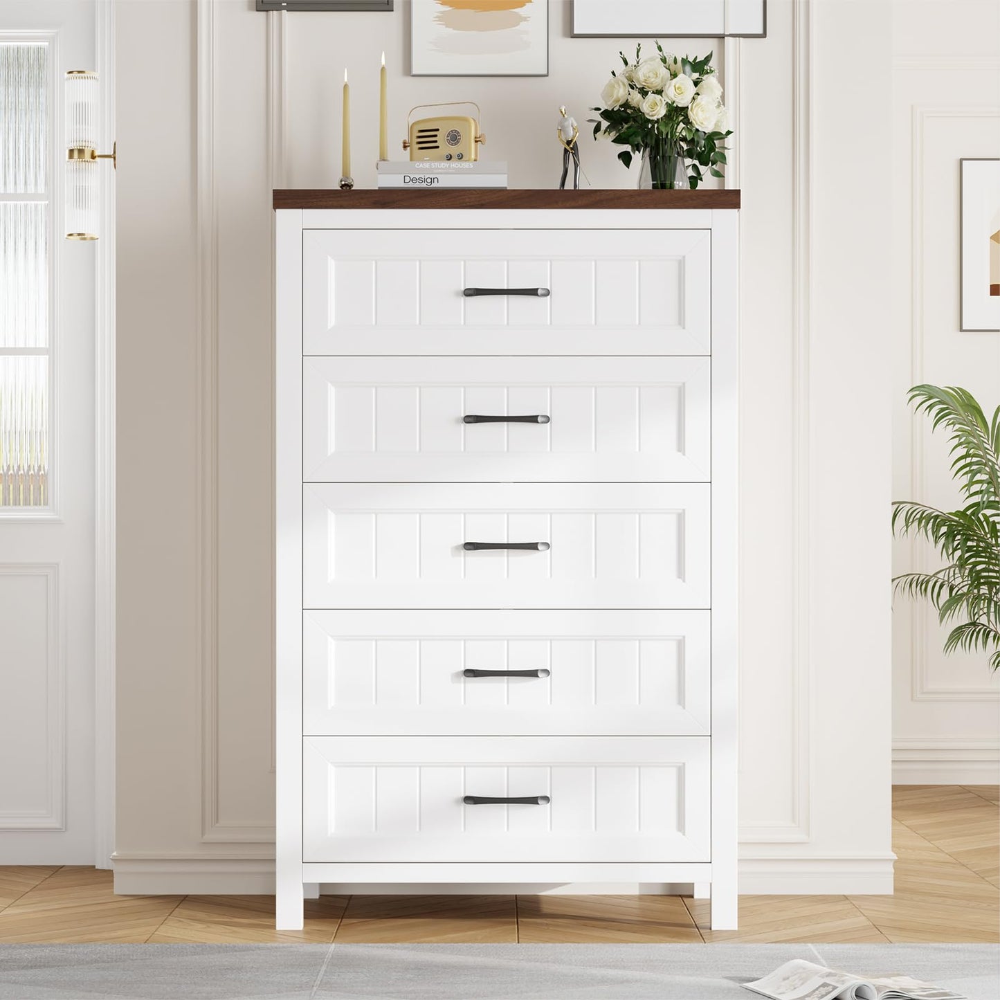 Jocoevol 5 Drawer Dresser for Bedroom - Farmhouse 44.9" Tall Chest of Dresser with Large Storage, Rubst Wood Construction for Living Room, Hallway & Entryway - White (White & Brown)