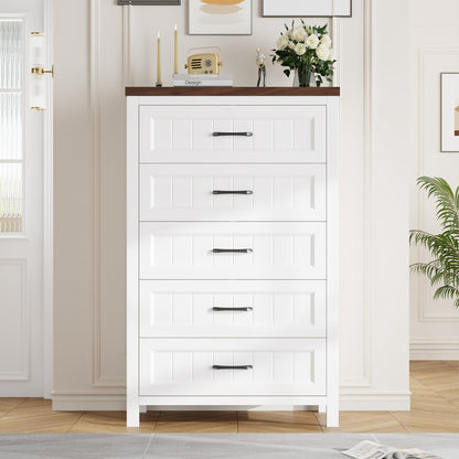 Jocoevol 5 Drawer Dresser for Bedroom - Farmhouse 44.9" Tall Chest of Dresser with Large Storage, Rubst Wood Construction for Living Room, Hallway & Entryway - White (White & Brown)