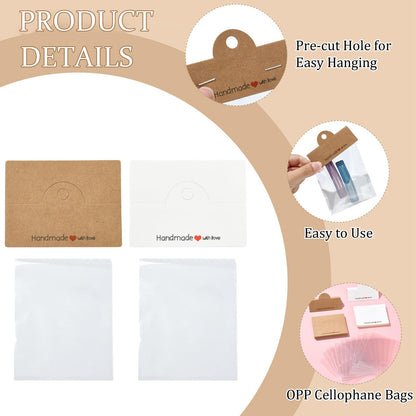 Gelirda 100Pcs Rectangle Cellophane Bags with Clear Window Handmade Packaging Pouch with Foldable Header Cards for Jewelry Packaging Accessory