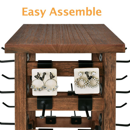 Ikee Design 5 Tiers Easy Assemble Wood Rotating Jewelry Display Tower with 42 Removable Hooks,Spinning Earring Card Storage Display Stand for Store, Showcase, Tradeshow and Home,Brown Color