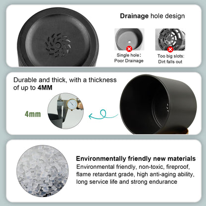 WSMKSZ 3 Pack 6/5/4 inch Cylindrical Flower Pots, Modern Small Round Plastic Plant Pots with Drainage Holes & Saucers, Clean and Refined Planter Pots for Outdoor, Indoor & Office Decor (Black Brown)