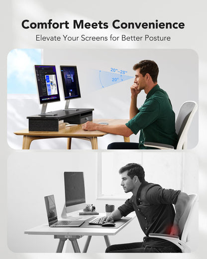 HUANUO Large Dual Monitor Stand with Drawer, Wood Monitor Stand Riser for 2 Monitors with Storage & Cable Management, Desktop Organizer up to 55" fit Monitor, Computer, TV, Printer