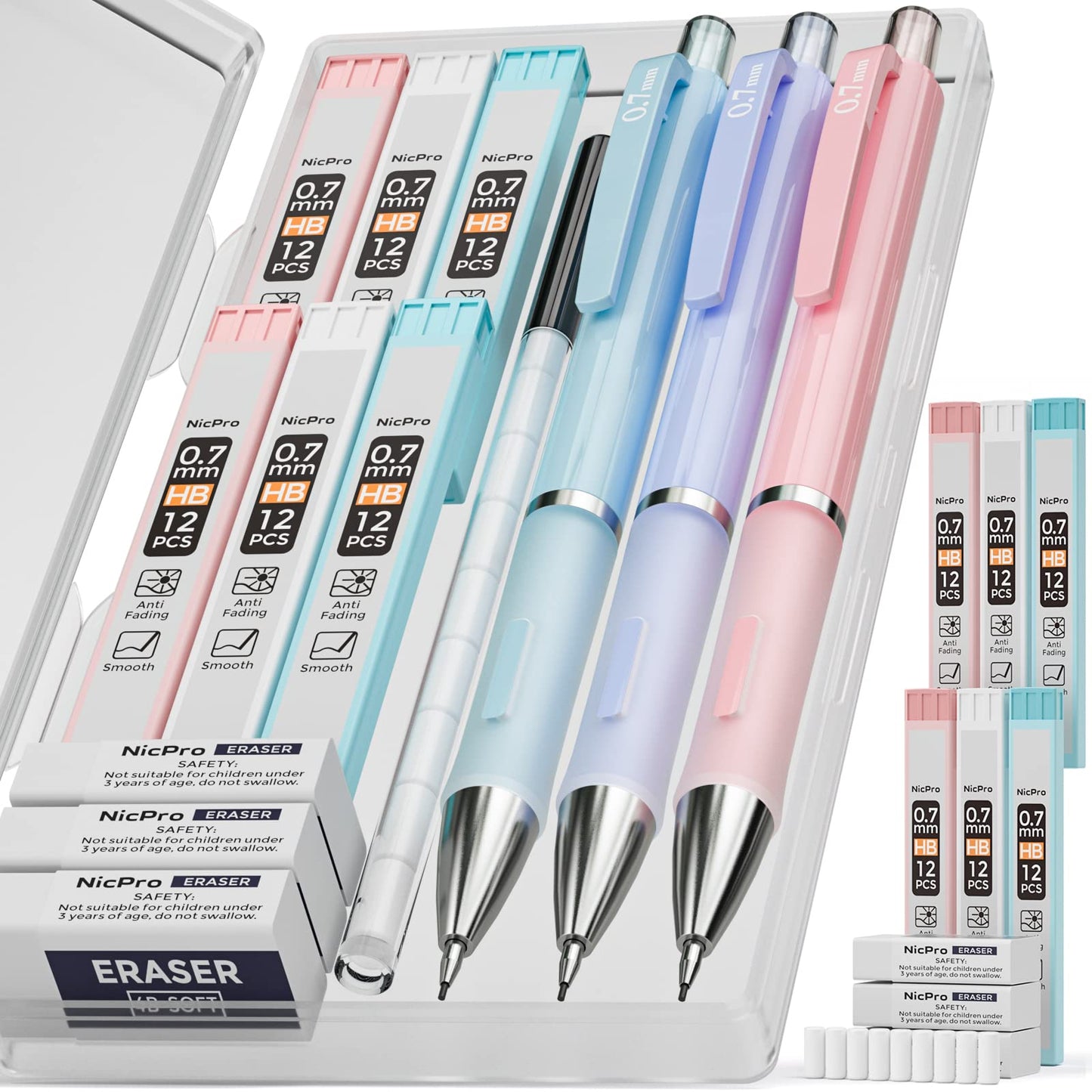 Nicpro 3PCS Cute Mechanical Pencil Set with Case, 0.7 mm Pencils with 6 Tube HB Lead Refill, 3PCS Eraser, 9PCS Eraser Refill for School Supplies Kid Student Writing, Drafting Drawing Sketching