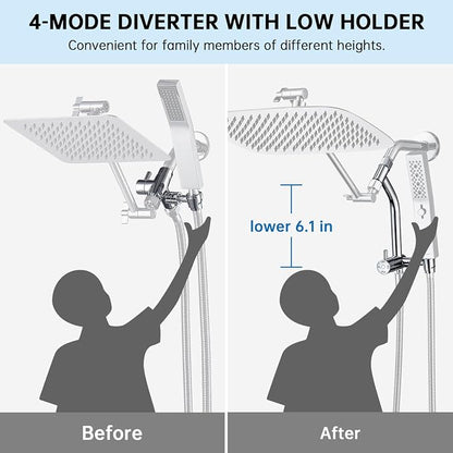 G-Promise All Metal 14 Inch Rain Shower Head with Massage Mode Handheld Spray Combo, 3-Way Diverter with Pause Setting, Full Body Coverage, Modern Bathroom Upgrade (Chrome)