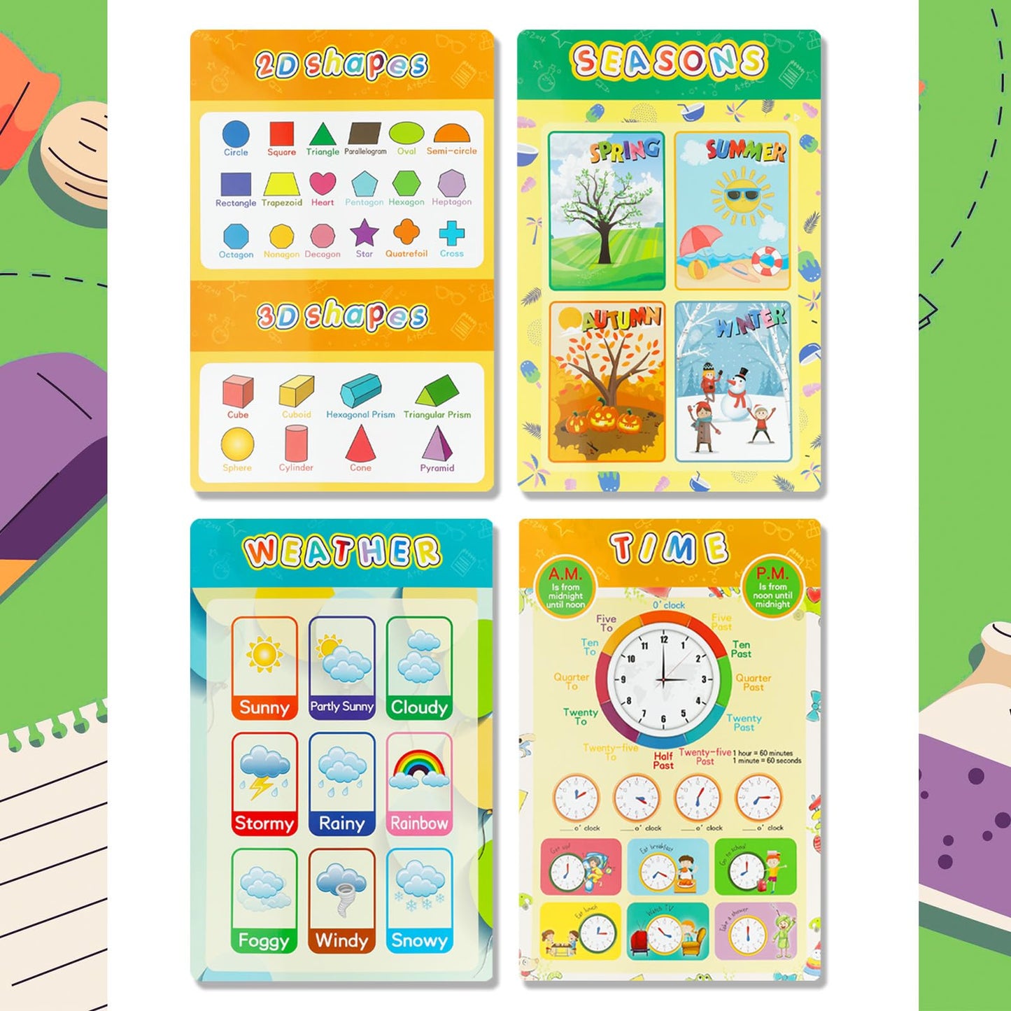 Educational Posters for Elementary Preschool Kindergarten Classroom Learning, Preschool Learning Posters for ABC Alphabet, Time, Number, Months, Colors, Weather, Galaxies , Animals, More, 16.5x11 Inch(12P Style C)
