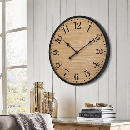 UPPER DECOR Rustic Farmhouse Wall Clocks for Living Room Decor, Large 24 inch Wall Clock with Dark Brown Wooden Face and Black Metal Frame, Silent Battery Operated for Kitchen Bedroom Entryway