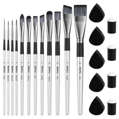 Nicpro 12pcs Face Paint Brushes Set with 9 Sponges Set, Professional Paint Brushes for Face Painting, Body Makeup, Acrylic Watercolor Oil Halloween Cosplay Party, Portable Storage Case Included